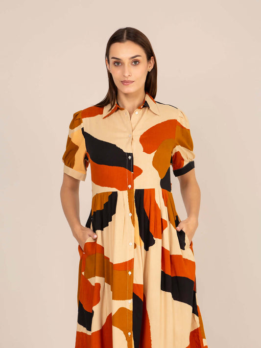 Rayon Printed Puff Sleeve A Line Shirt Dress