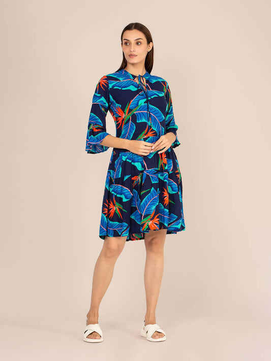 Rayon Printed Fit & Flare V Neck String Midi Dress