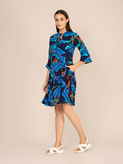 Rayon Printed Fit & Flare V Neck String Midi Dress