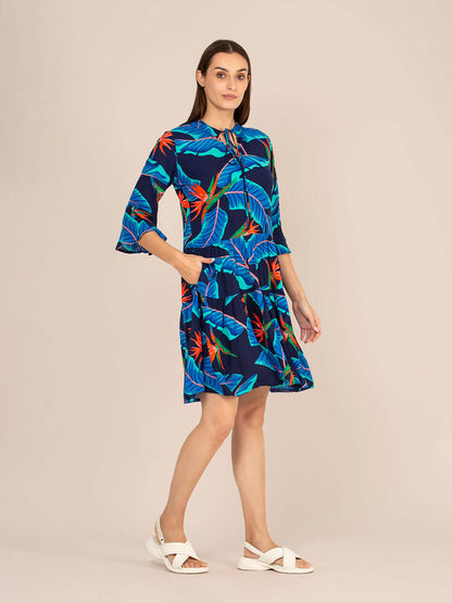 Rayon Printed Fit & Flare V Neck String Midi Dress