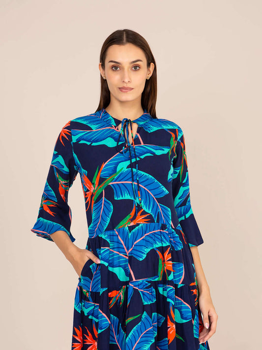 Rayon Printed Fit & Flare V Neck String Midi Dress