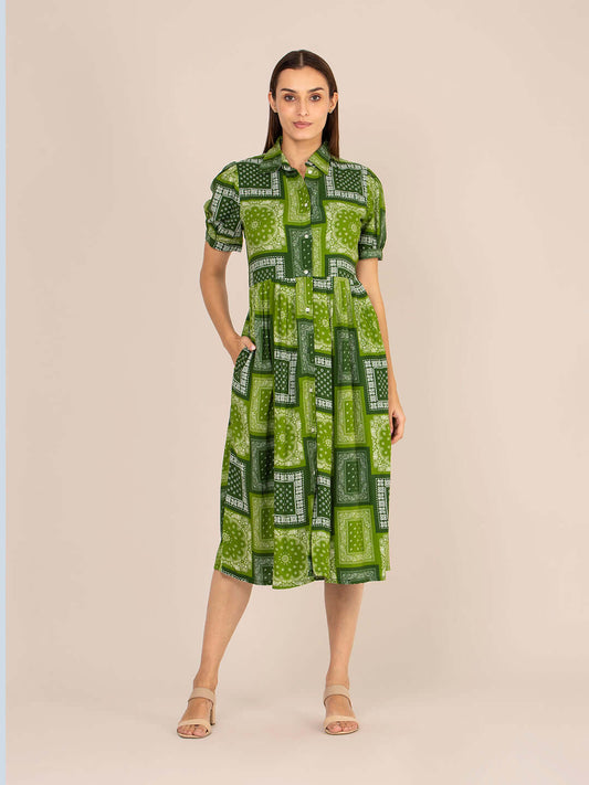 Rayon Printed Puff Sleeve A Line Shirt Dress