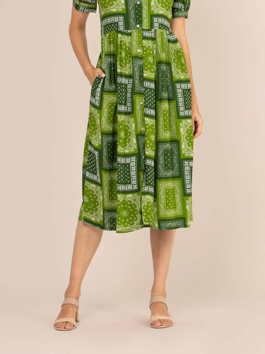 Rayon Printed Puff Sleeve A Line Shirt Dress