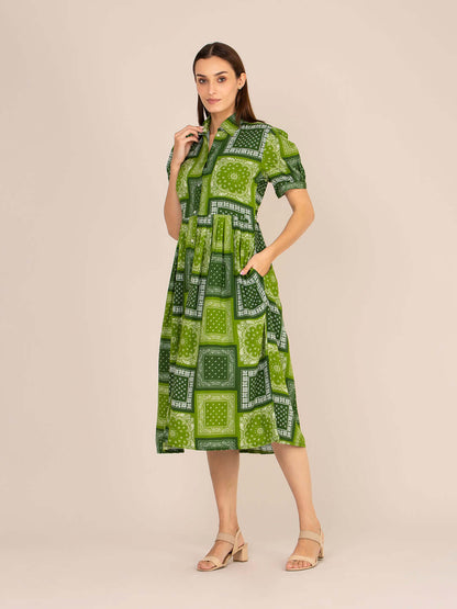 Rayon Printed Puff Sleeve A Line Shirt Dress