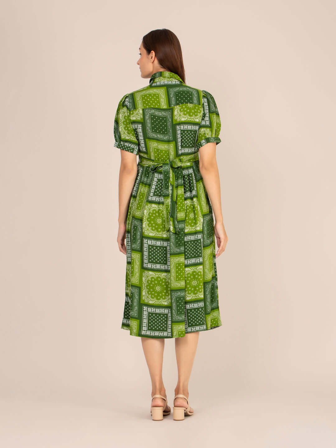 Rayon Printed Puff Sleeve A Line Shirt Dress