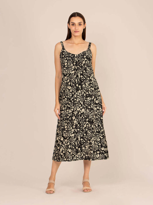 Rayon Printed V Neck Shoulder Strap Maxi Dress