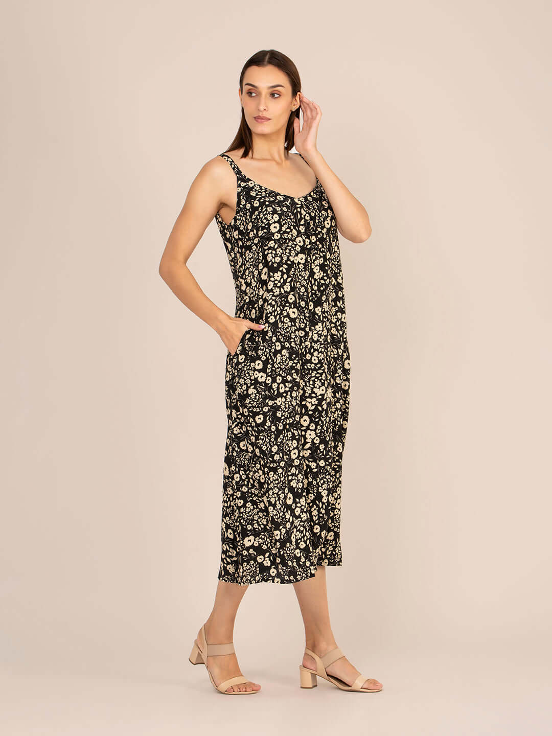 Rayon Printed V Neck Shoulder Strap Maxi Dress
