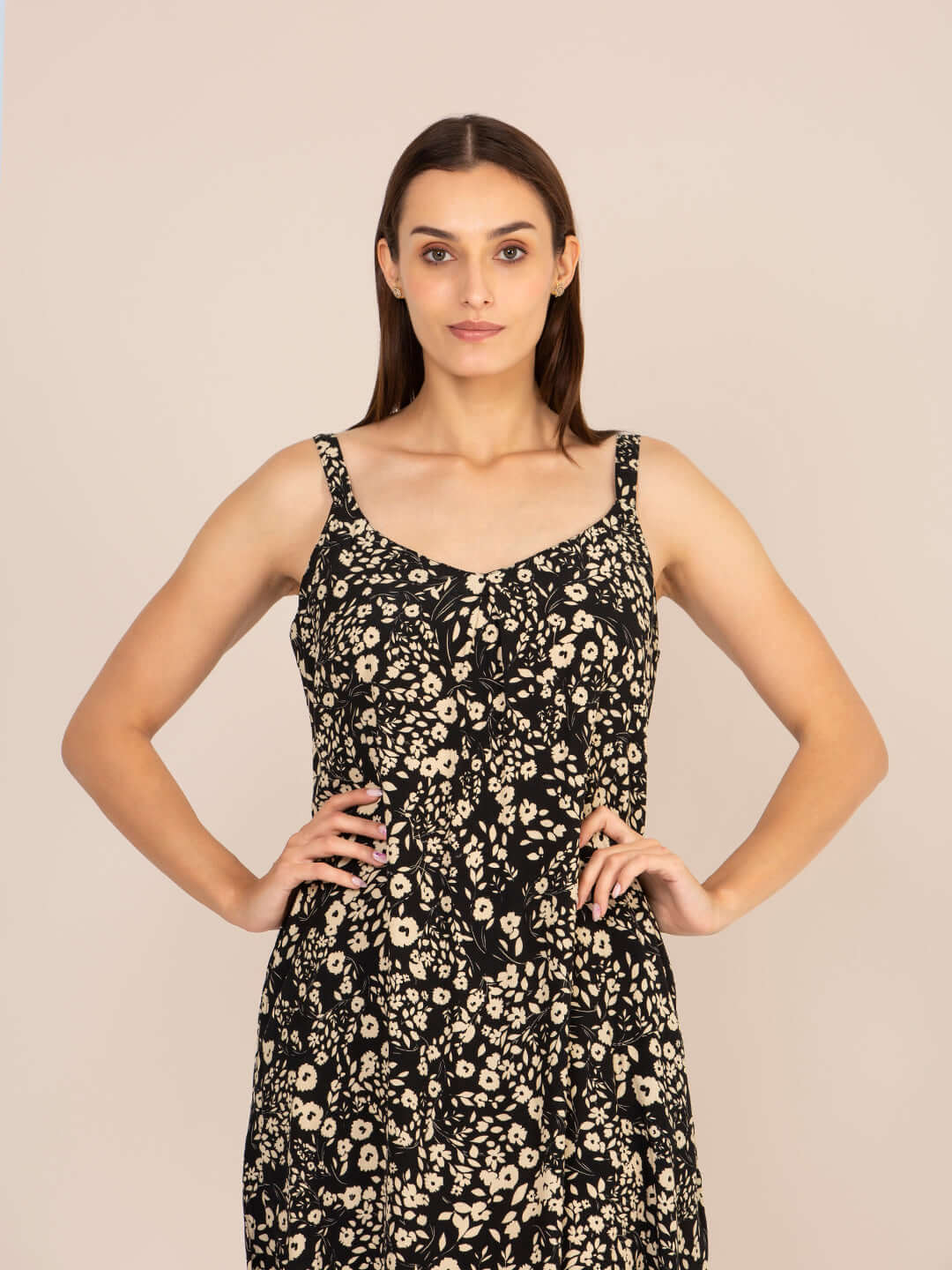 Rayon Printed V Neck Shoulder Strap Maxi Dress