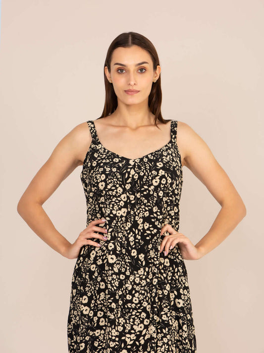 Rayon Printed V Neck Shoulder Strap Maxi Dress