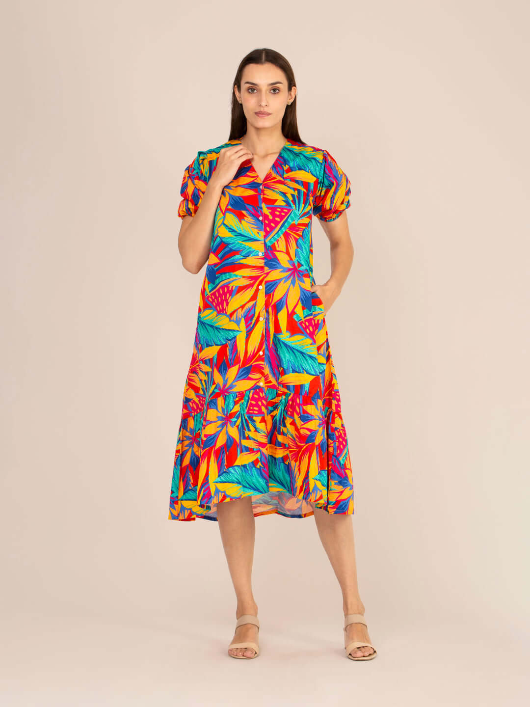 Rayon Printed Puff Sleeve A Line Front Button Maxi Dress