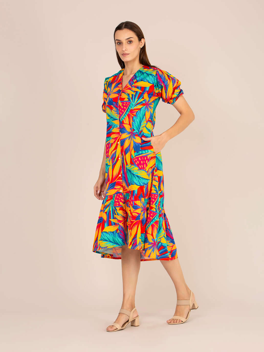 Rayon Printed Puff Sleeve A Line Front Button Maxi Dress
