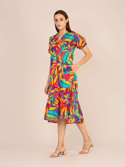 Rayon Printed Puff Sleeve A Line Front Button Maxi Dress
