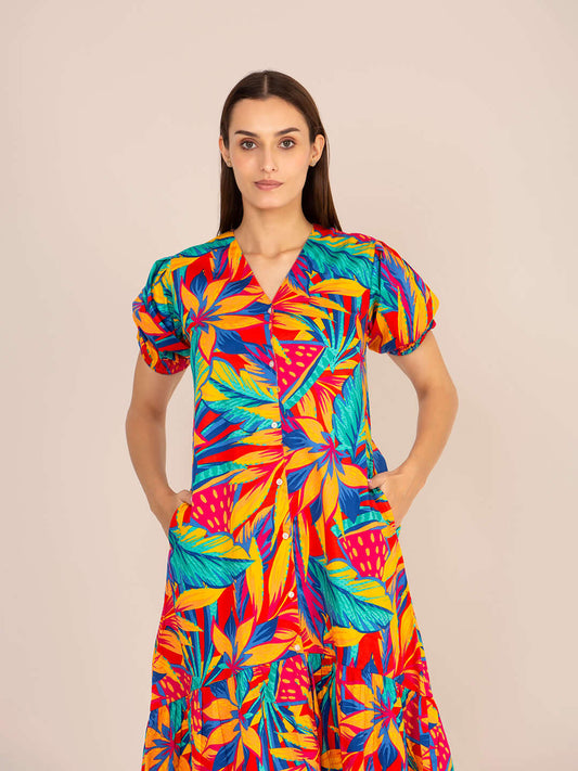 Rayon Printed Puff Sleeve A Line Front Button Maxi Dress