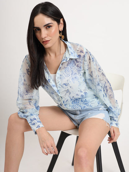 Women'S Premium Chiffon Blue And White Regular Length Straight Hem Digital Print Shirt