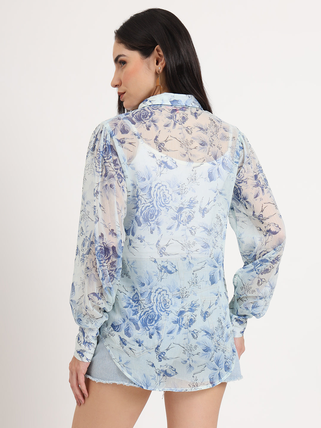Women'S Premium Chiffon Blue And White Regular Length Straight Hem Digital Print Shirt