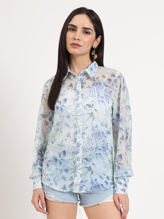 Women'S Premium Chiffon Blue And White Regular Length Straight Hem Digital Print Shirt