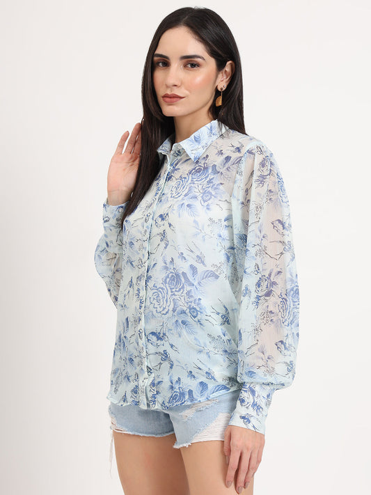Women'S Premium Chiffon Blue And White Regular Length Straight Hem Digital Print Shirt