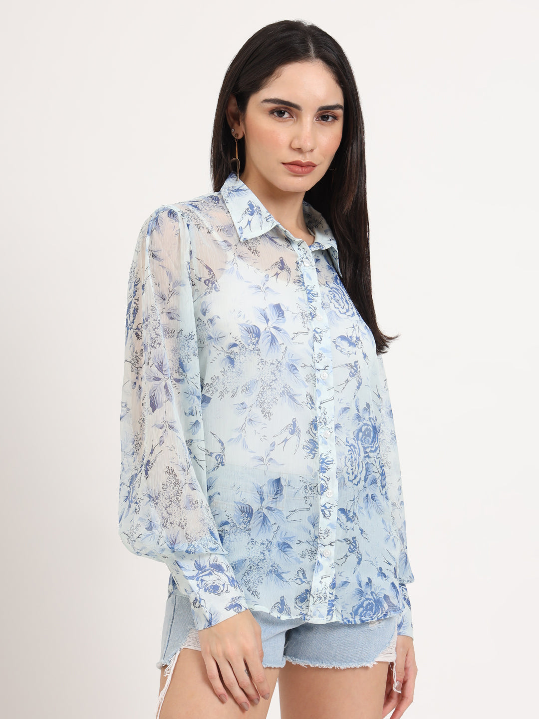 Women'S Premium Chiffon Blue And White Regular Length Straight Hem Digital Print Shirt