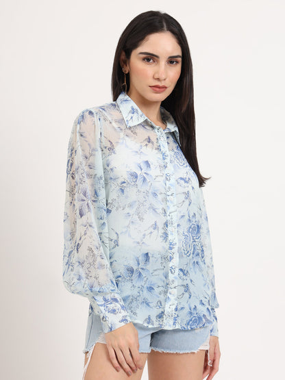Women'S Premium Chiffon Blue And White Regular Length Straight Hem Digital Print Shirt
