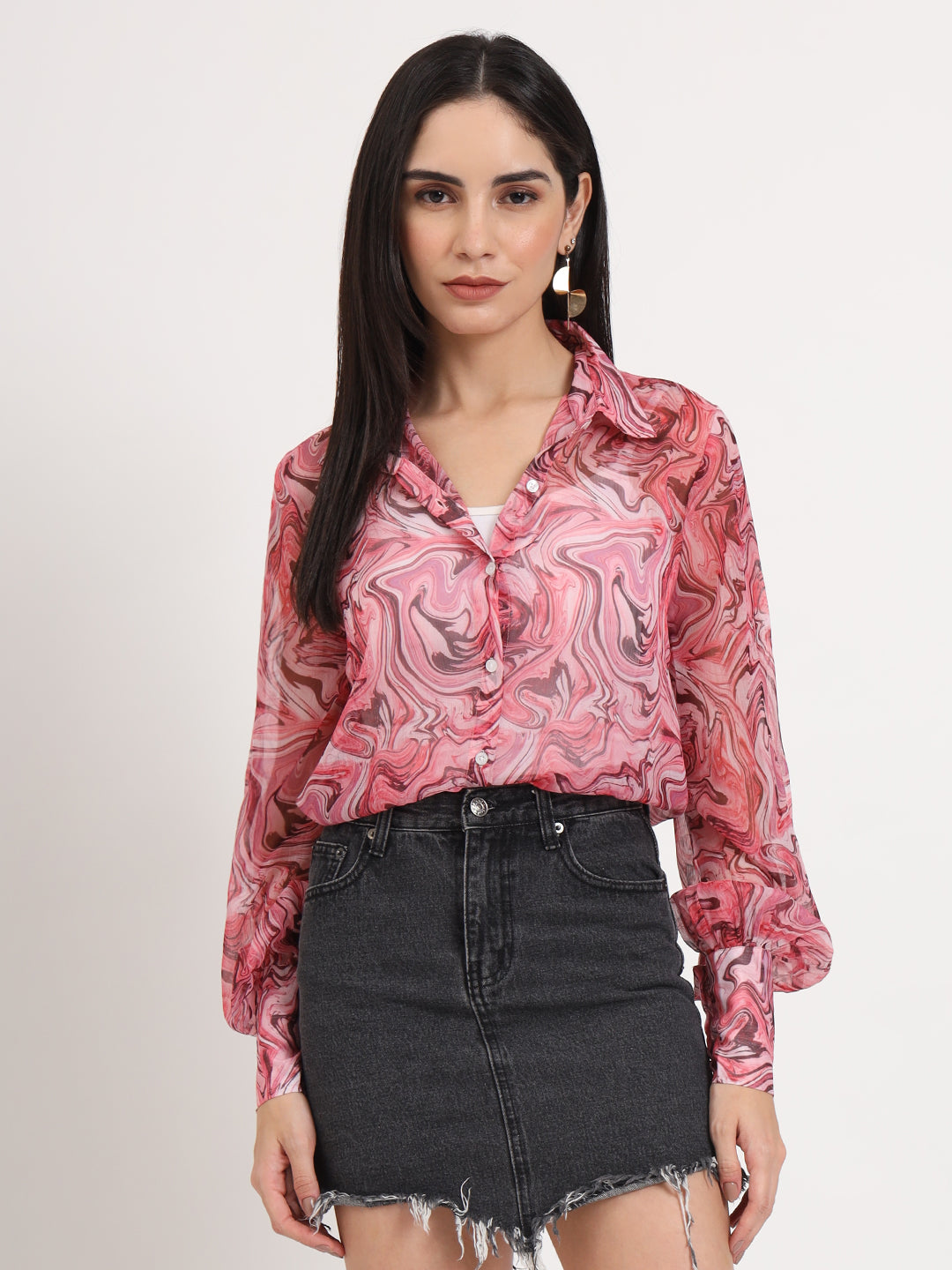 Women'S Premium Chiffon Multicolour Regular Length Straight Hem Digital Print Shirt