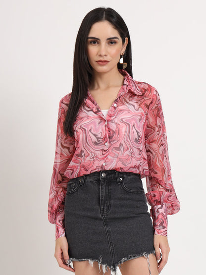 Women'S Premium Chiffon Multicolour Regular Length Straight Hem Digital Print Shirt