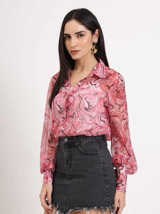 Women'S Premium Chiffon Multicolour Regular Length Straight Hem Digital Print Shirt