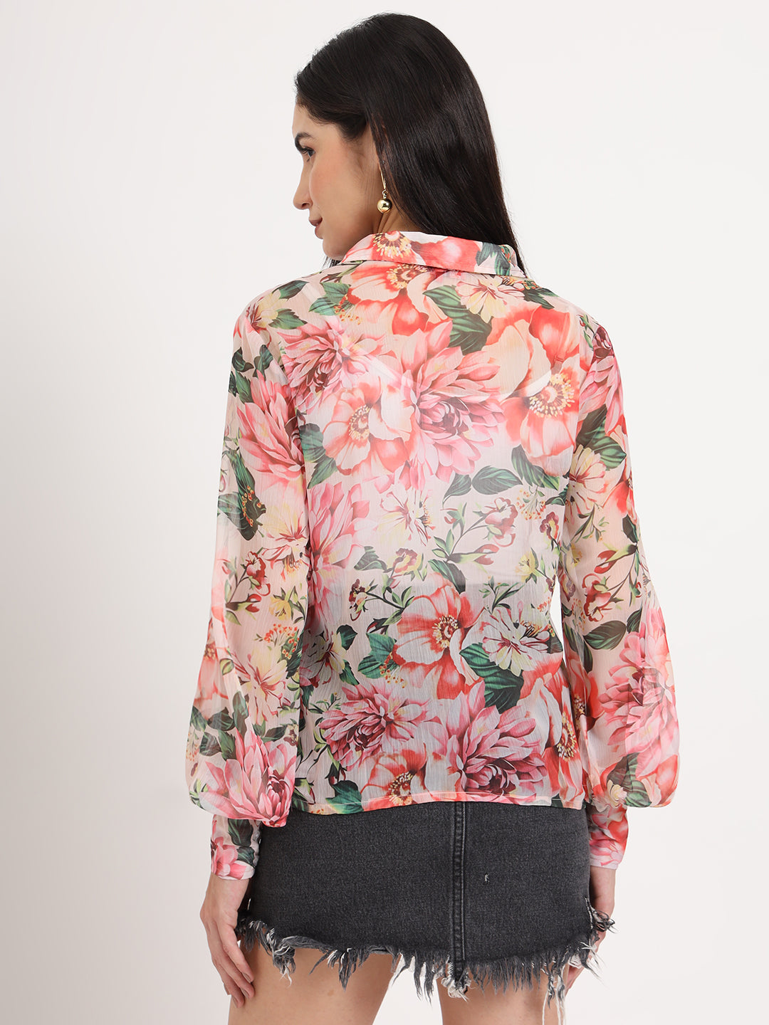Women'S Premium Chiffon Multicolour Regular Length Straight Hem Digital Print Shirt