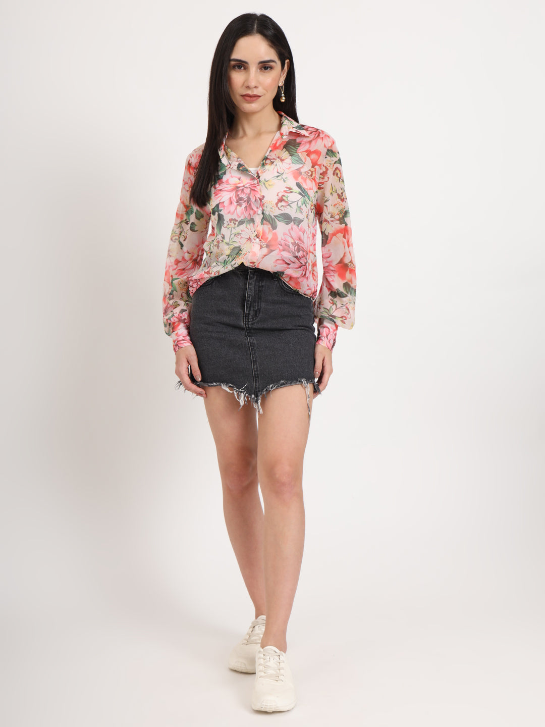 Women'S Premium Chiffon Multicolour Regular Length Straight Hem Digital Print Shirt