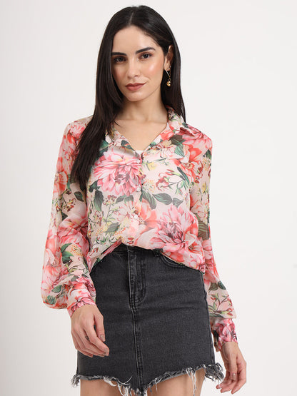 Women'S Premium Chiffon Multicolour Regular Length Straight Hem Digital Print Shirt