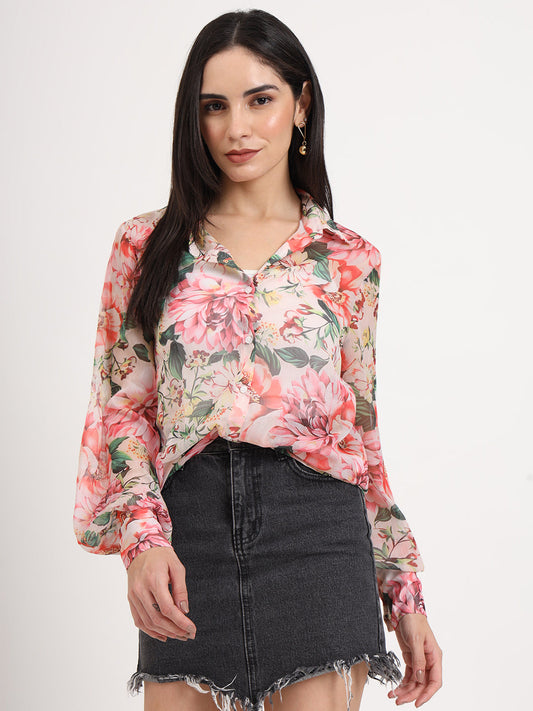 Women'S Premium Chiffon Multicolour Regular Length Straight Hem Digital Print Shirt