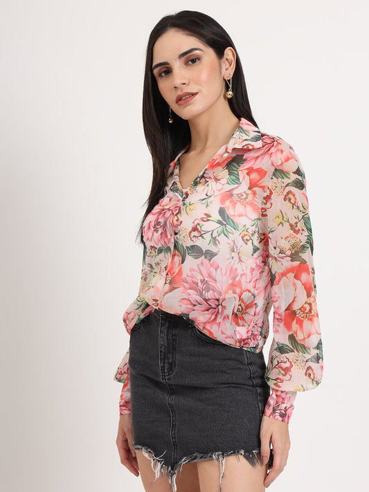 Women'S Premium Chiffon Multicolour Regular Length Straight Hem Digital Print Shirt