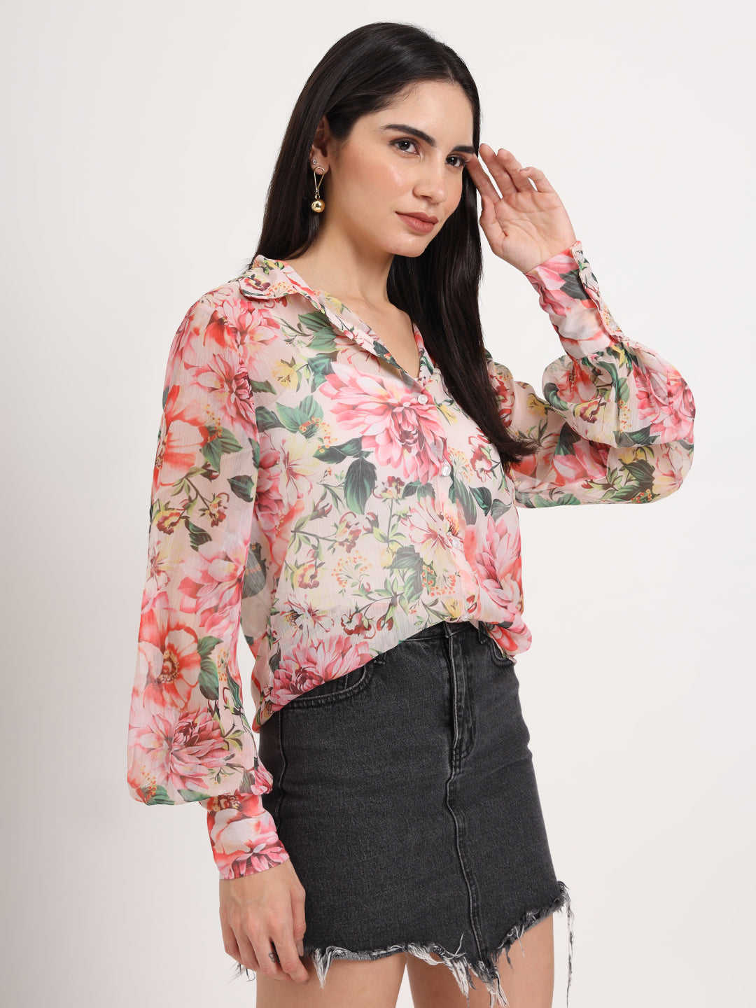 Women'S Premium Chiffon Multicolour Regular Length Straight Hem Digital Print Shirt