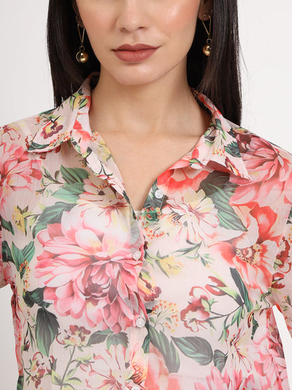Women'S Premium Chiffon Multicolour Regular Length Straight Hem Digital Print Shirt
