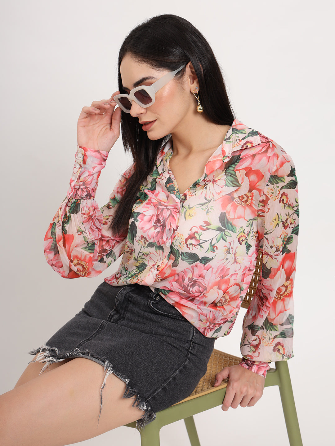 Women'S Premium Chiffon Multicolour Regular Length Straight Hem Digital Print Shirt
