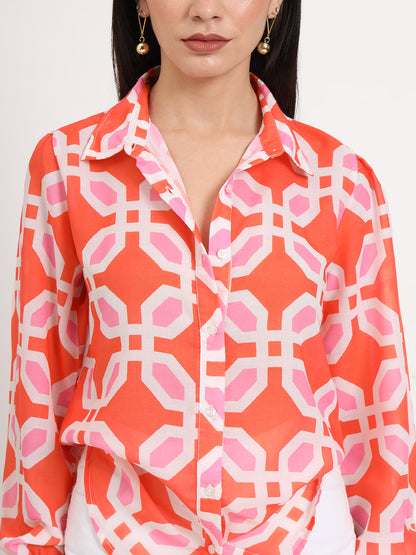 Women'S Luxury Cambric Multicolour Regular Length Straight Hem Digital Print Shirt