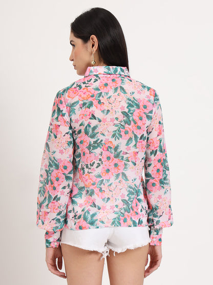 Women'S Luxury Cambric Multicolour Regular Length Straight Hem Digital Print Shirt