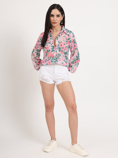 Women'S Luxury Cambric Multicolour Regular Length Straight Hem Digital Print Shirt