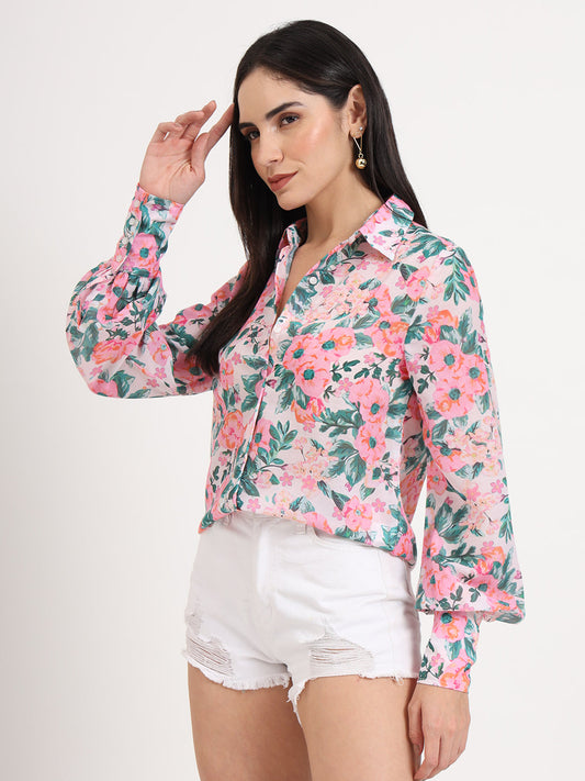 Women'S Luxury Cambric Multicolour Regular Length Straight Hem Digital Print Shirt
