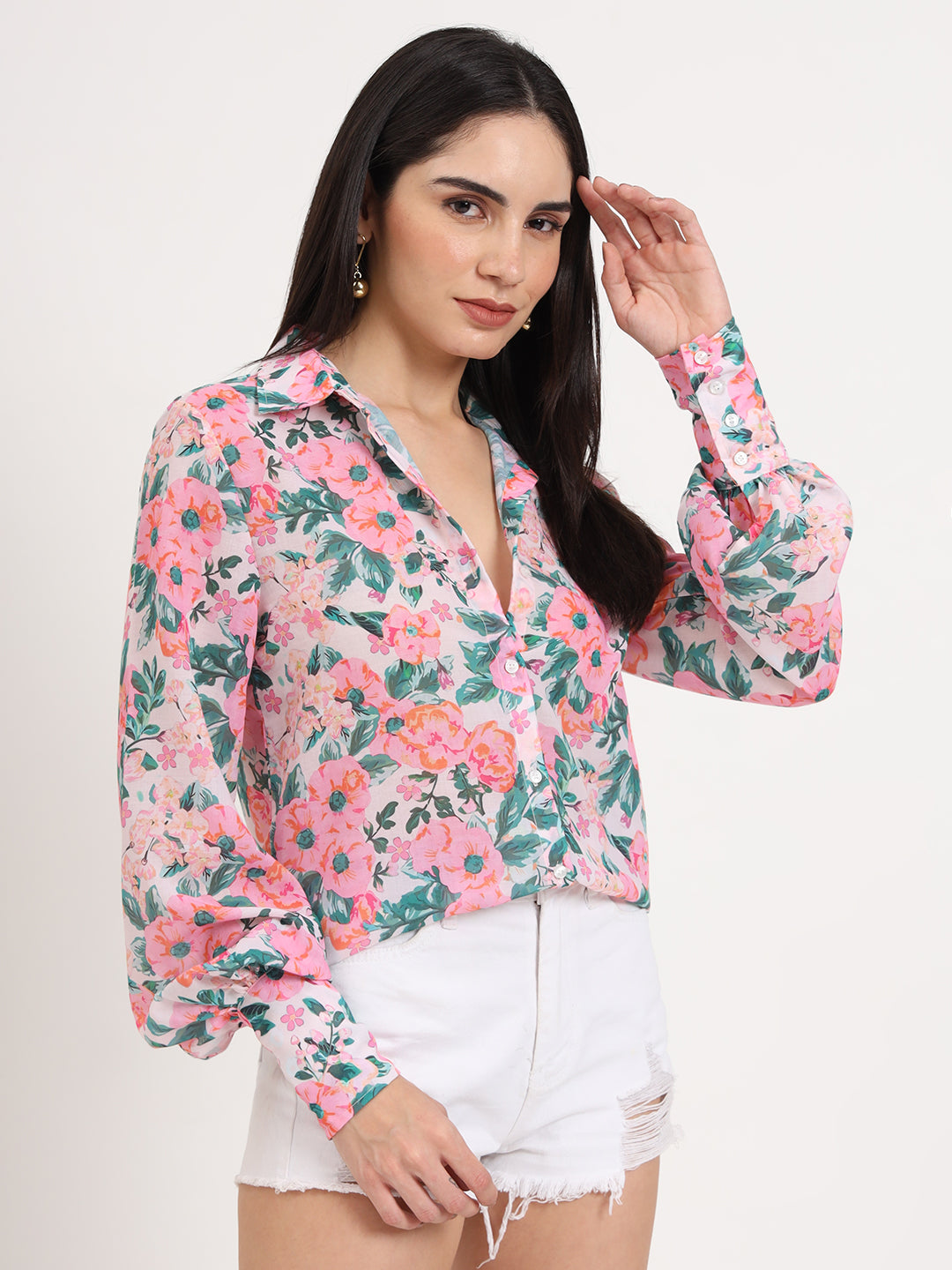 Women'S Luxury Cambric Multicolour Regular Length Straight Hem Digital Print Shirt