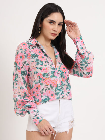 Women'S Luxury Cambric Multicolour Regular Length Straight Hem Digital Print Shirt