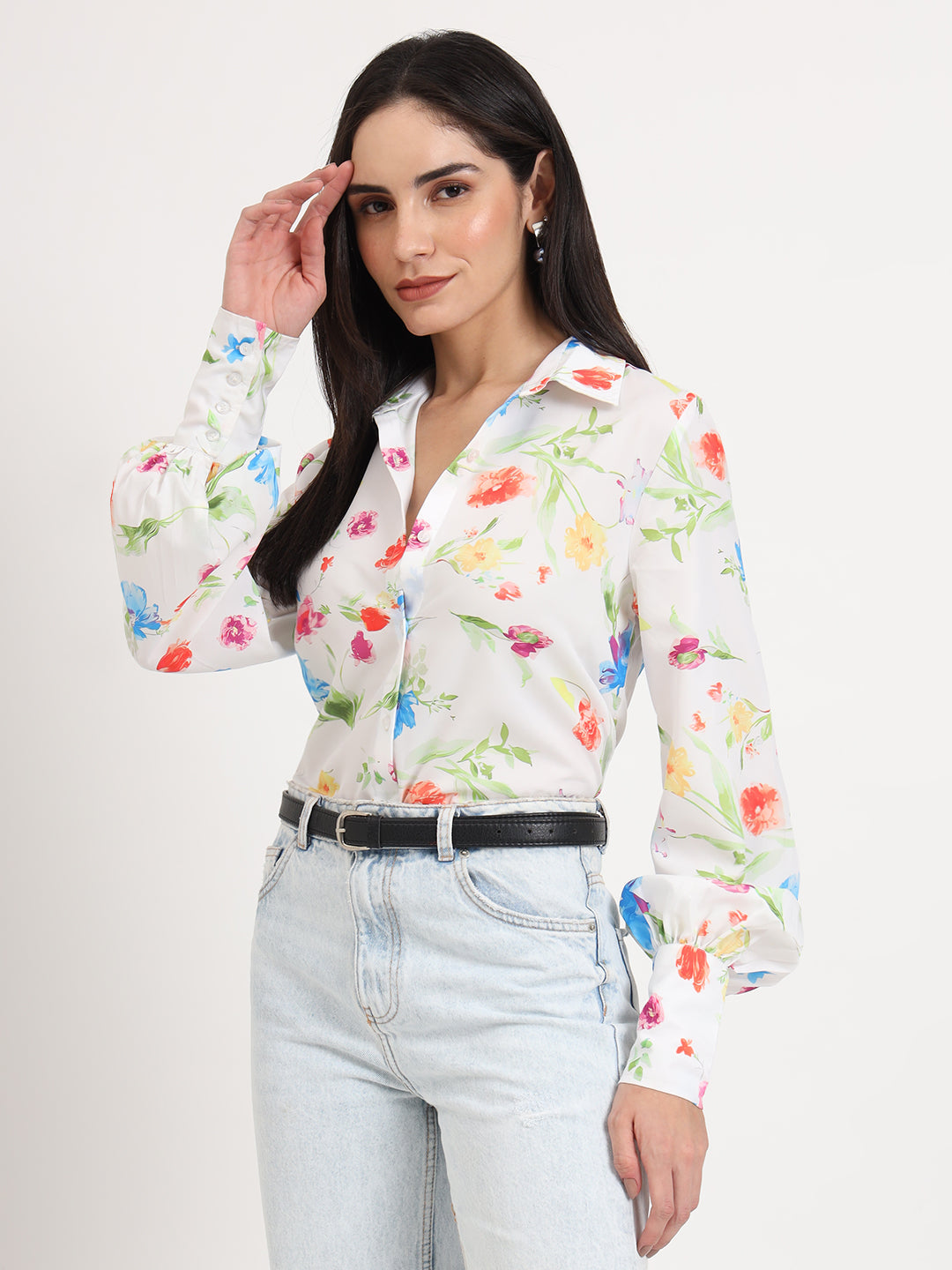 Women'S Premium Micro Multicolour Regular Length Straight Hem Digital Print Shirt