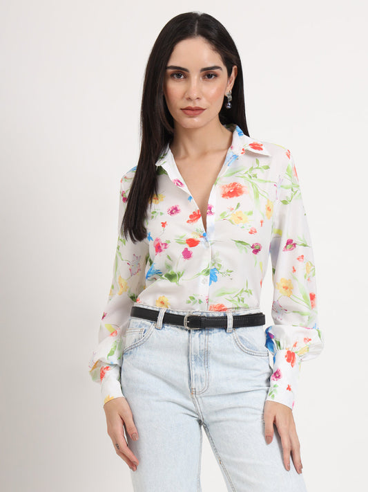 Women'S Premium Micro Multicolour Regular Length Straight Hem Digital Print Shirt