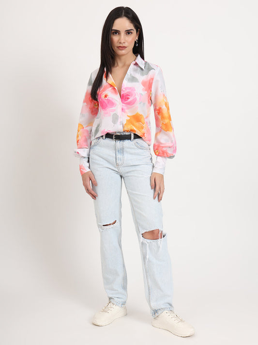 Women'S Premium Micro Multicolour Regular Length Straight Hem Digital Print Shirt