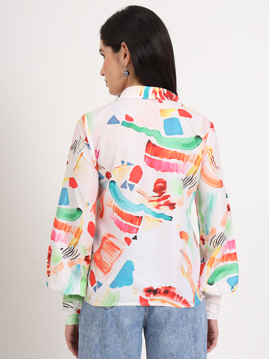 Women'S Premium Micro Multicolour Regular Length Straight Hem Digital Print Shirt