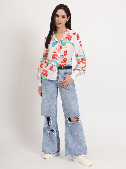 Women'S Premium Micro Multicolour Regular Length Straight Hem Digital Print Shirt