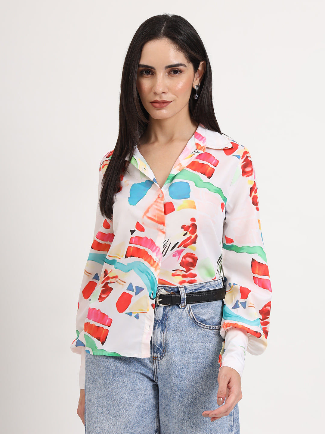 Women'S Premium Micro Multicolour Regular Length Straight Hem Digital Print Shirt