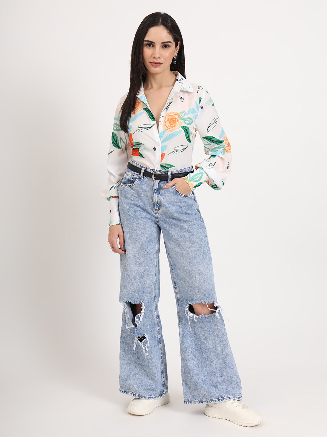Women'S Premium Micro Multicolour Regular Length Straight Hem Digital Print Shirt