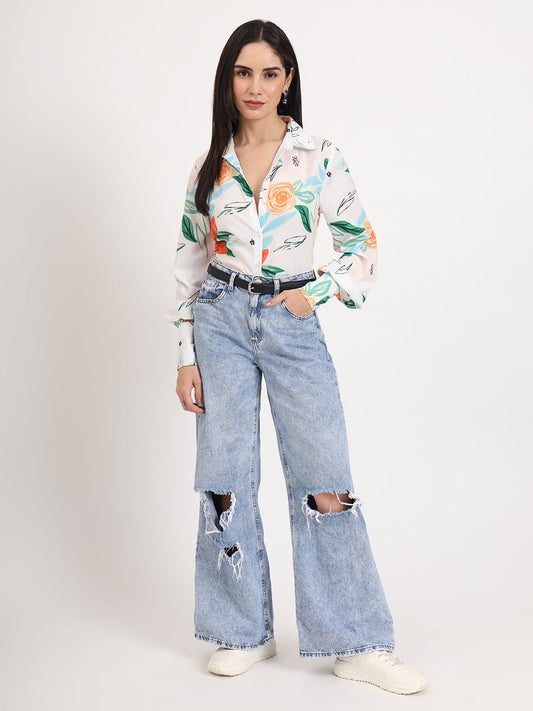 Women'S Premium Micro Multicolour Regular Length Straight Hem Digital Print Shirt
