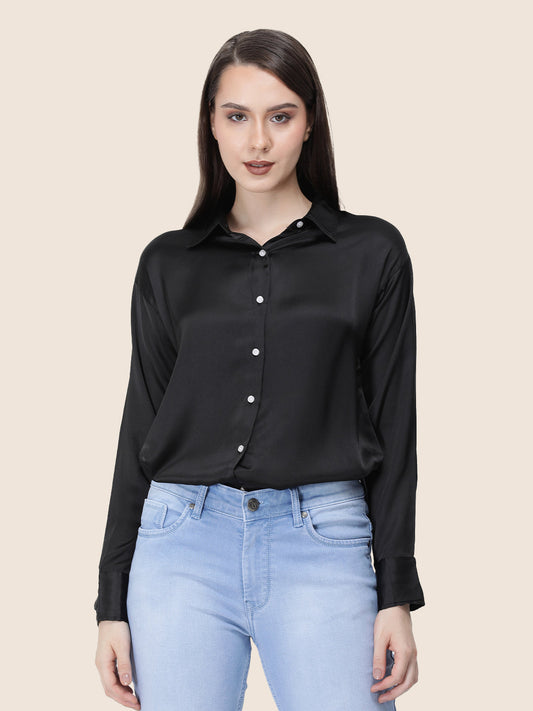 Black Regular Fit Summer Satin Shirt