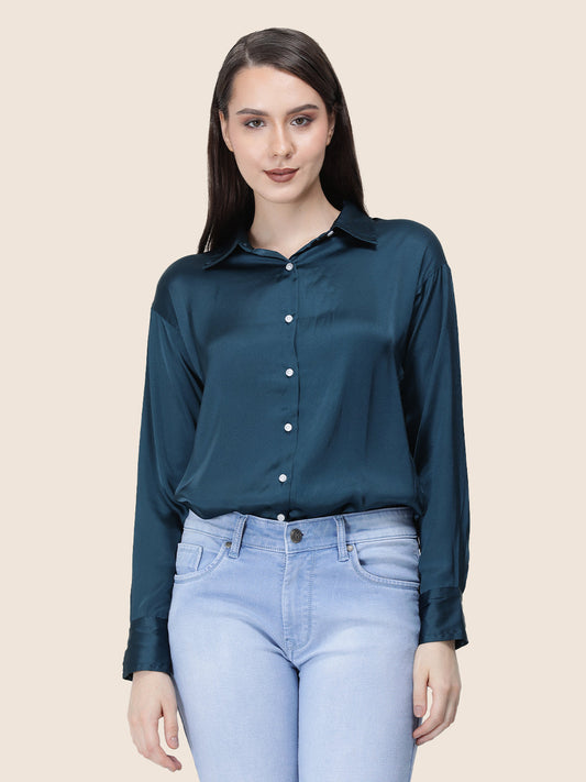 Deep Teal Regular Fit Summer Satin Shirt
